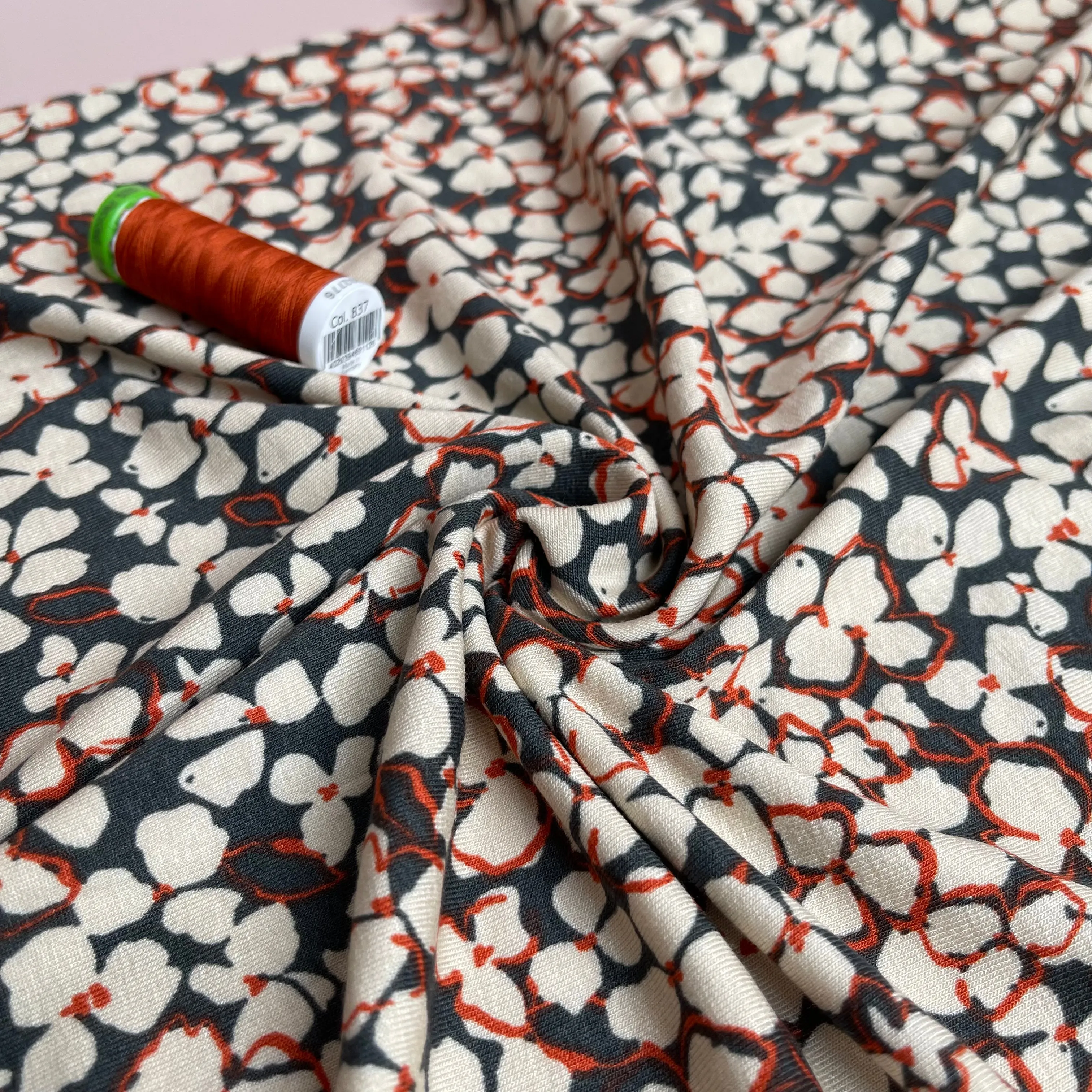 REMNANT 0.58 Metres - Petals on Grey Viscose Jersey Fabric