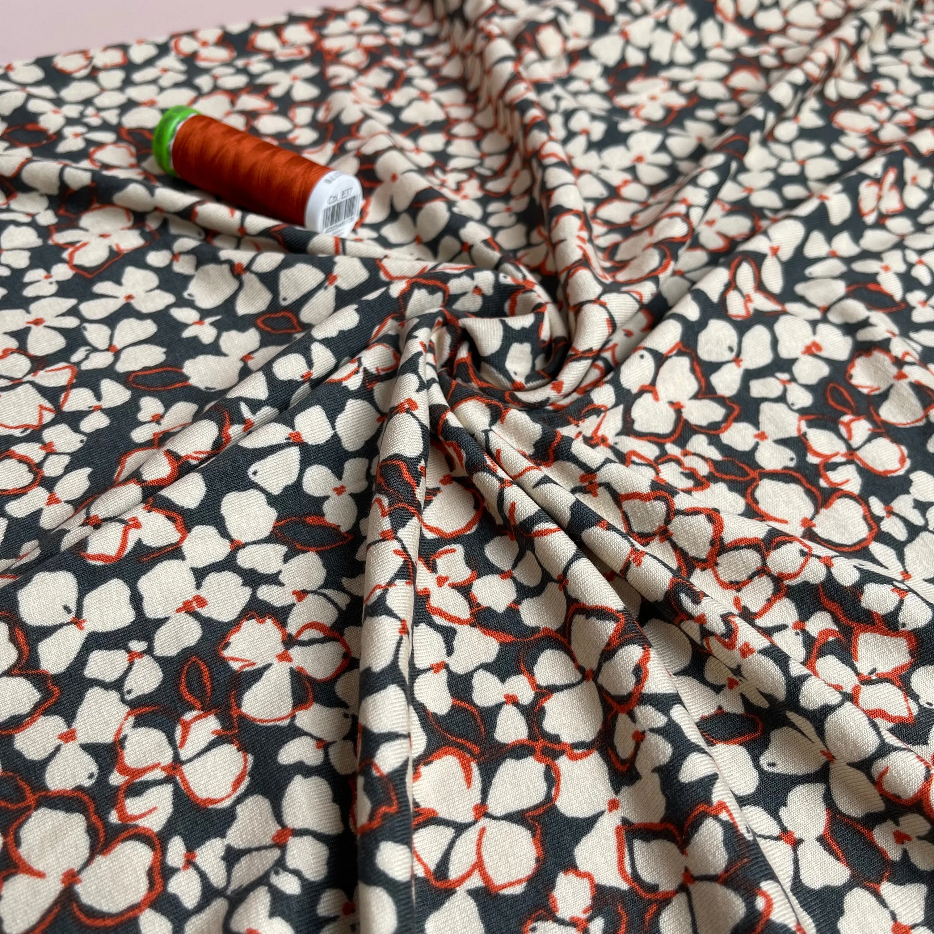 REMNANT 0.58 Metres - Petals on Grey Viscose Jersey Fabric