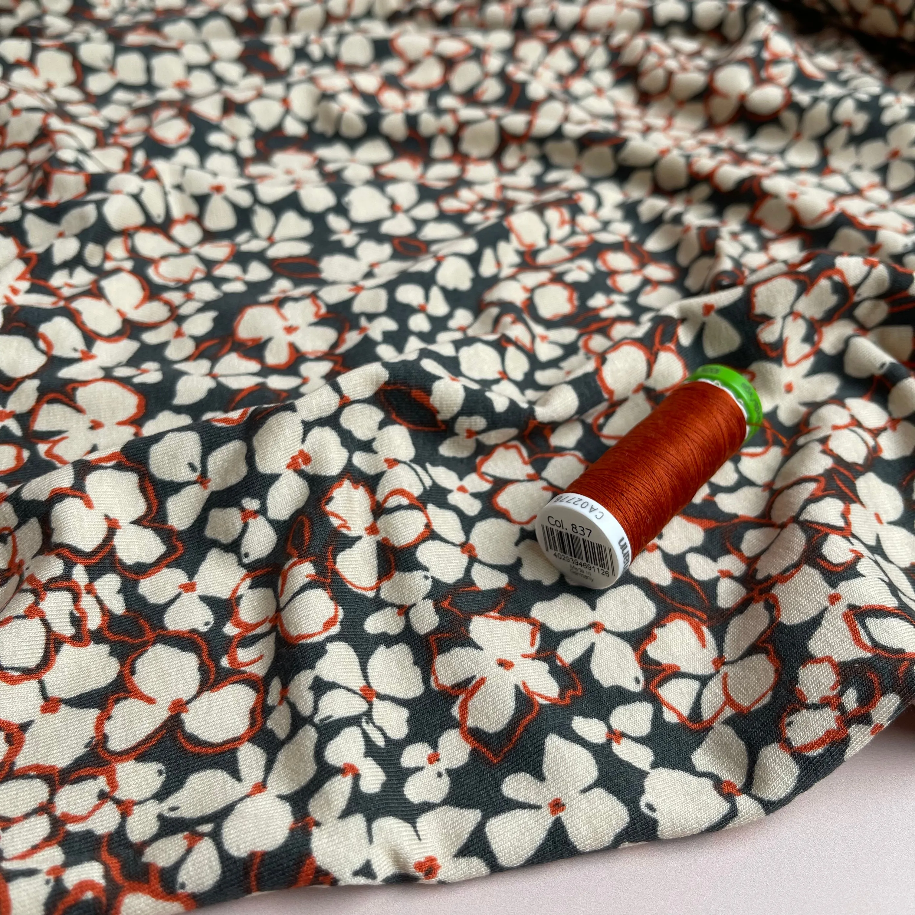 REMNANT 0.58 Metres - Petals on Grey Viscose Jersey Fabric