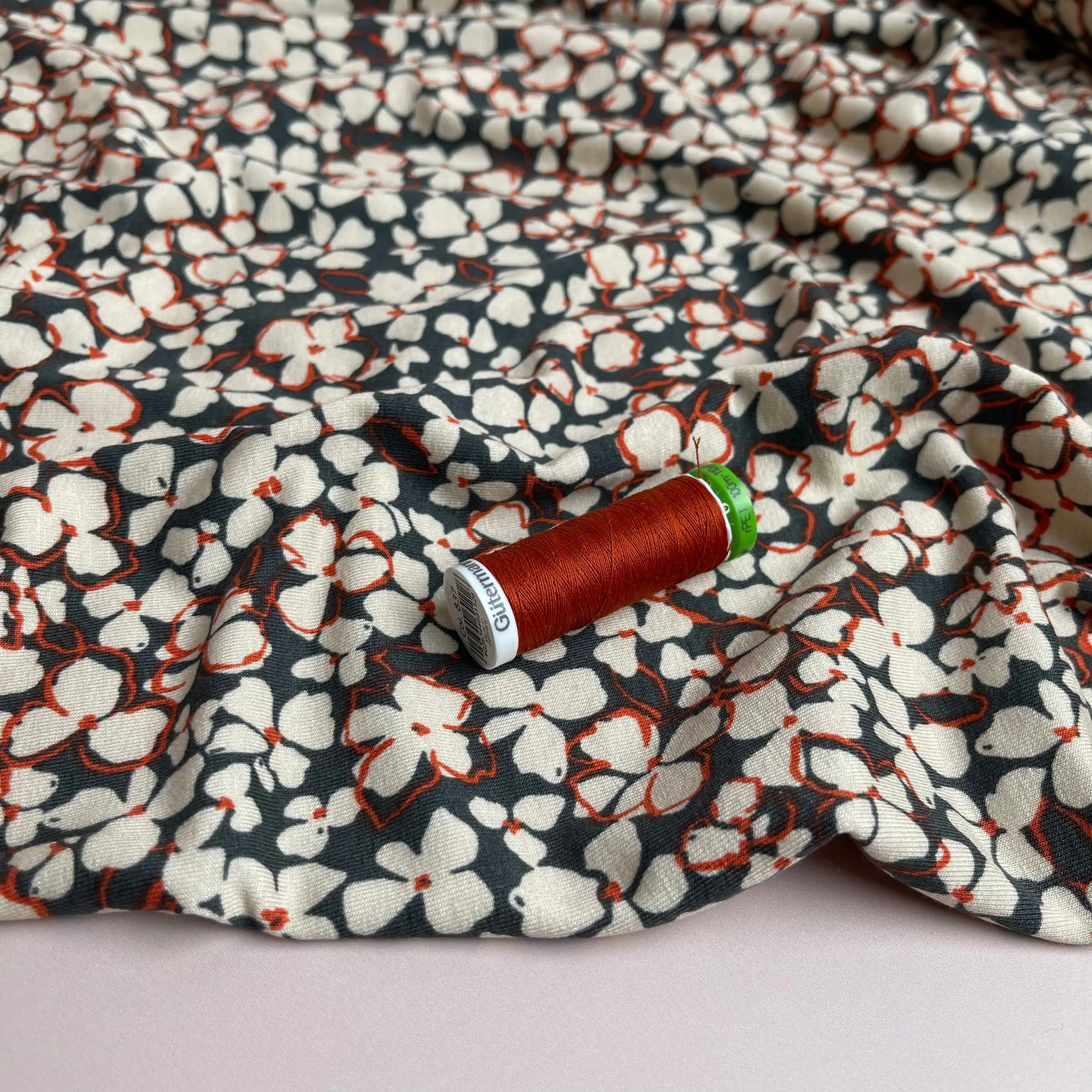 REMNANT 0.58 Metres - Petals on Grey Viscose Jersey Fabric