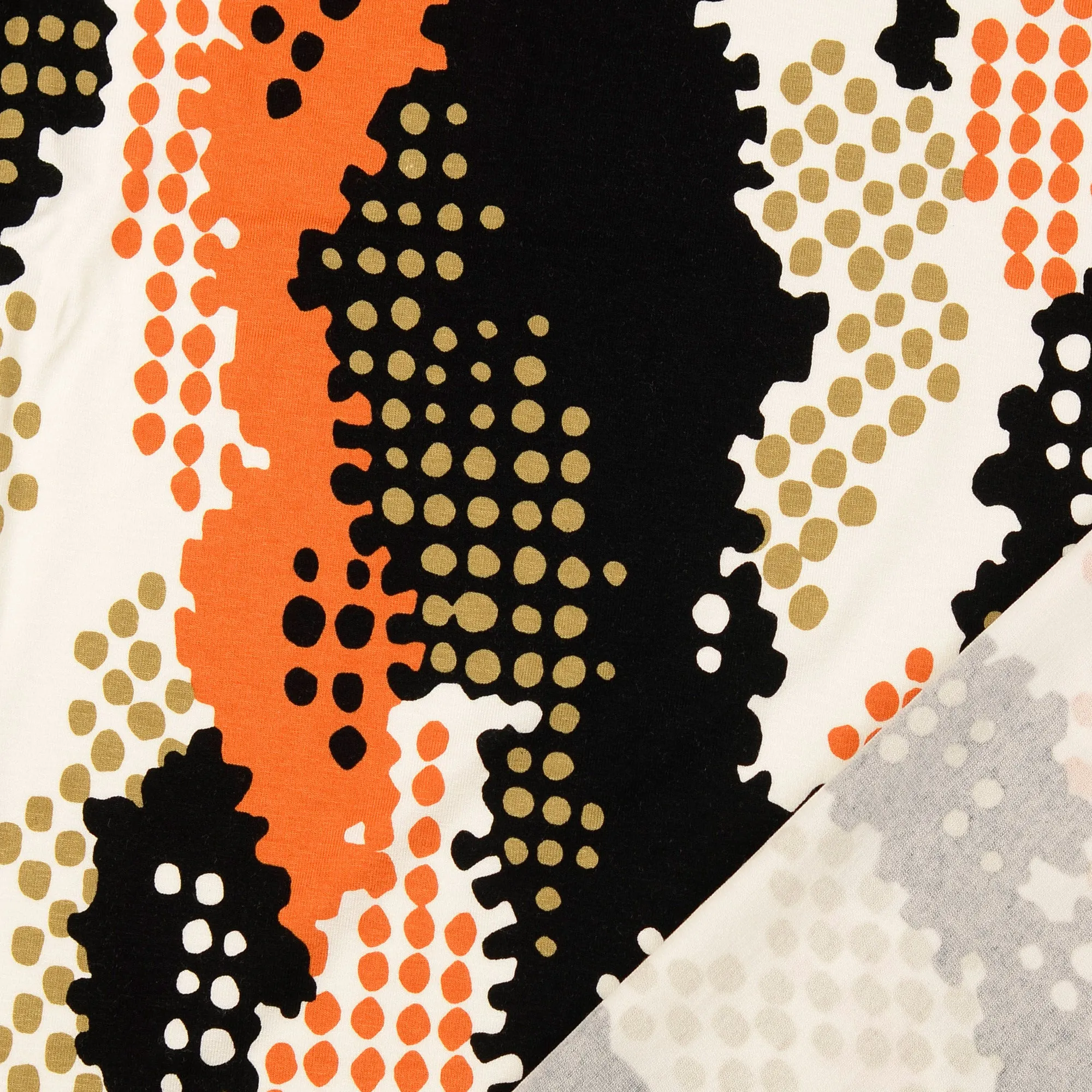REMNANT 0.94 Metres (fault - dirty marks) Dots in Orange and Black Viscose Jersey Fabric