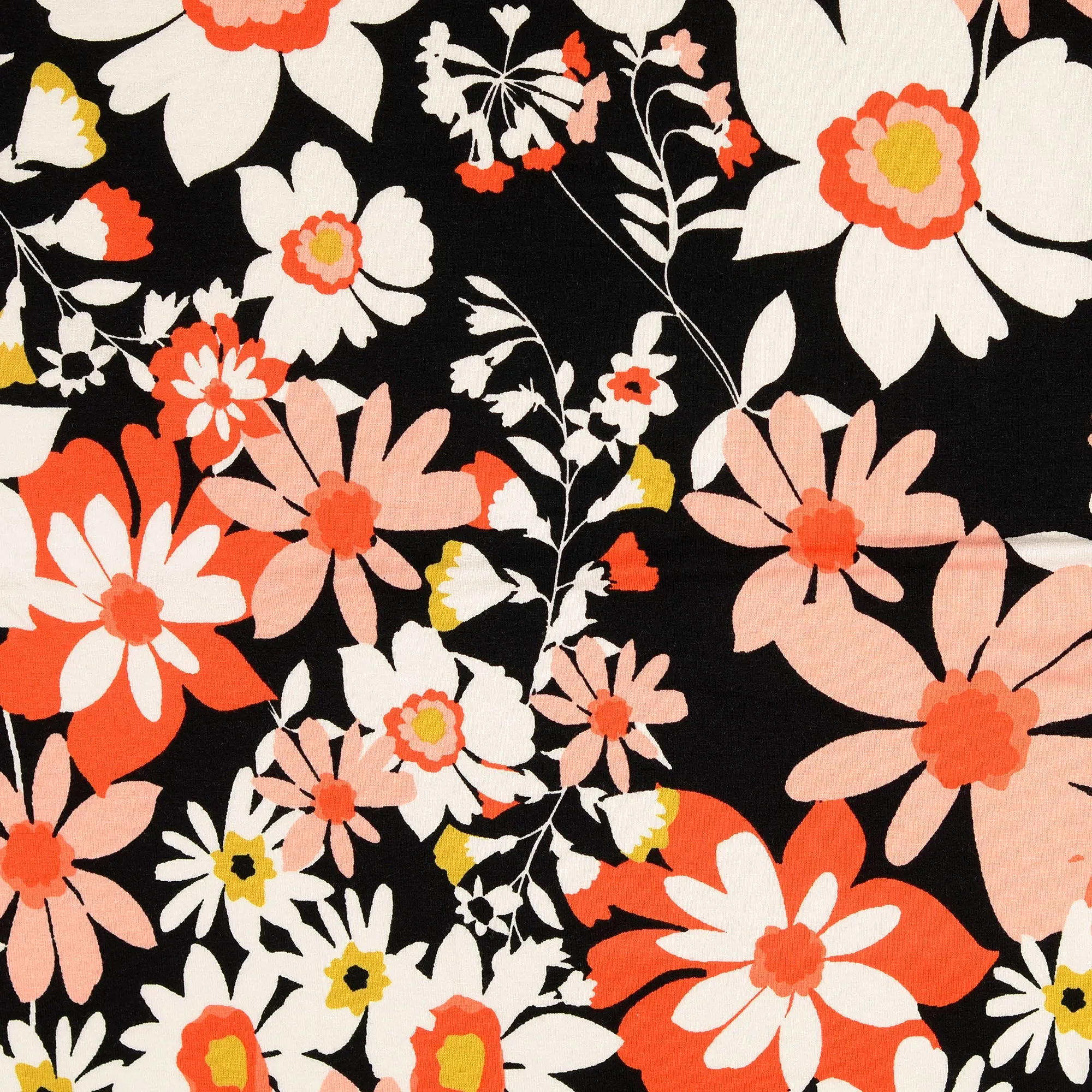 REMNANT 1.05 Metres (with test hole 18cm)   0.95 Metre -Blooms on Black Viscose Jersey Fabric