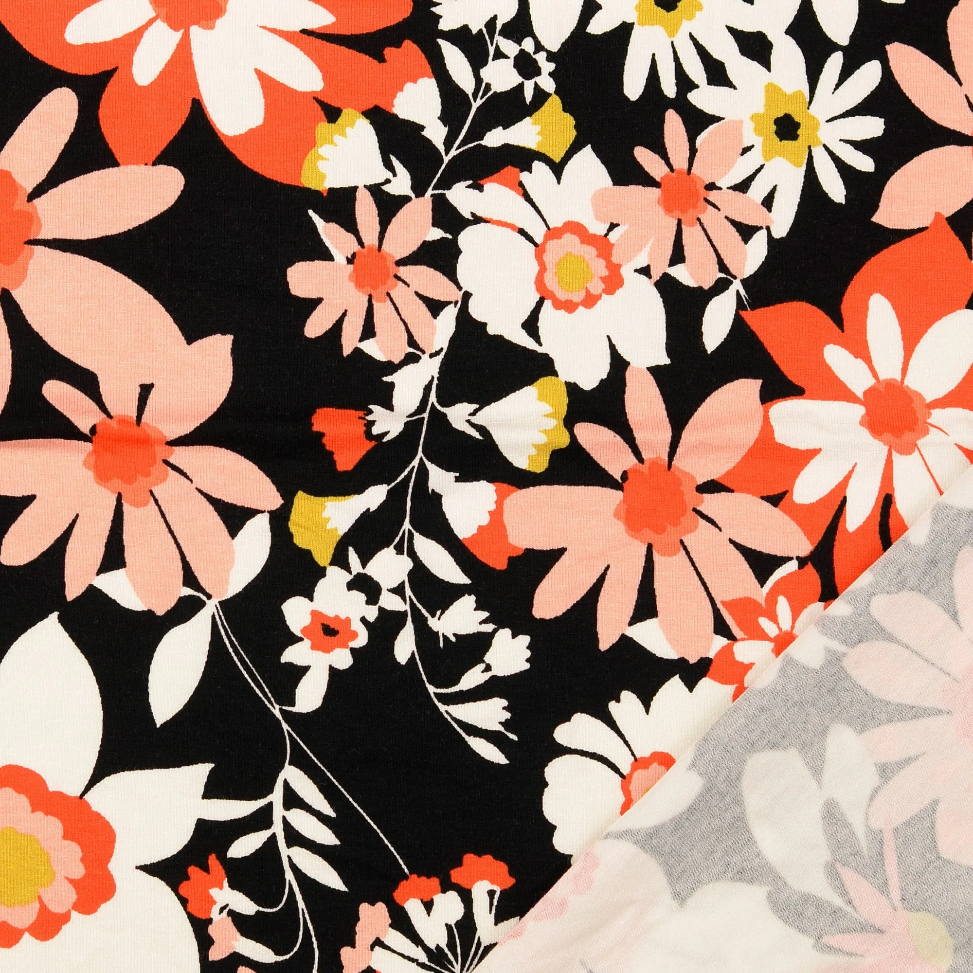 REMNANT 1.05 Metres (with test hole 18cm)   0.95 Metre -Blooms on Black Viscose Jersey Fabric