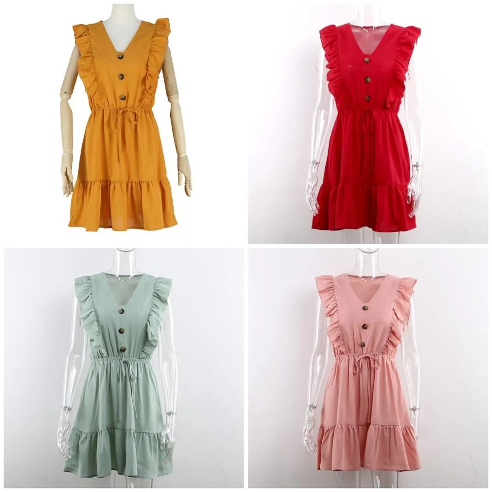 Ruffled A-Line Sleeveless High Waist V Neck Bohemian Mini Dress