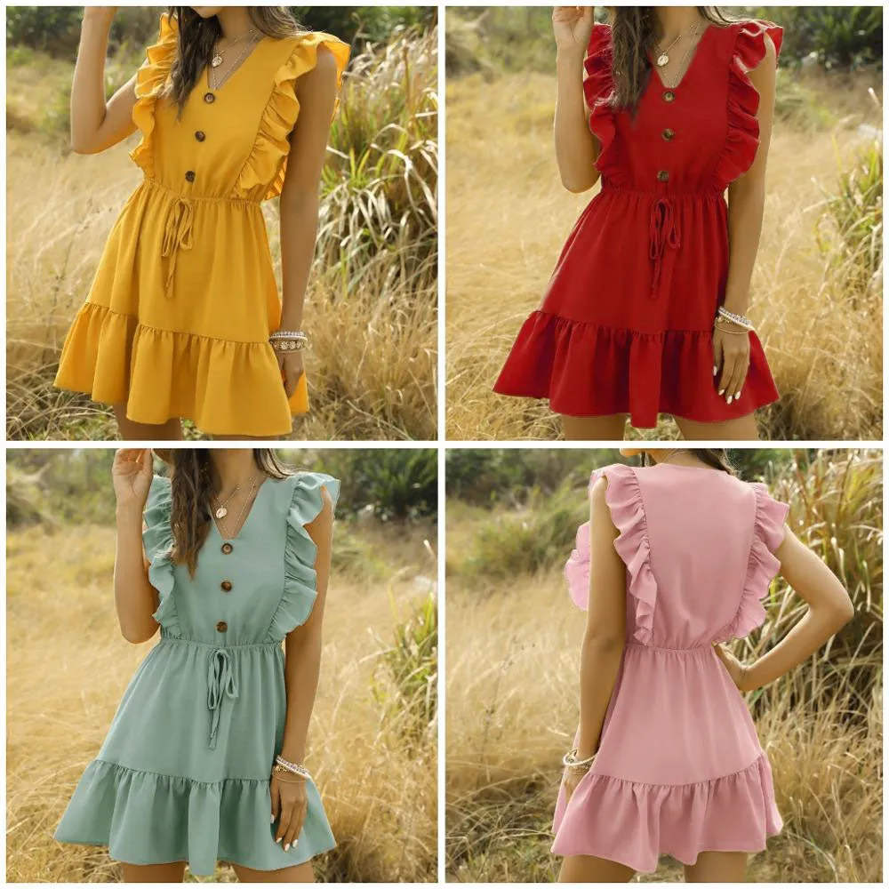 Ruffled A-Line Sleeveless High Waist V Neck Bohemian Mini Dress