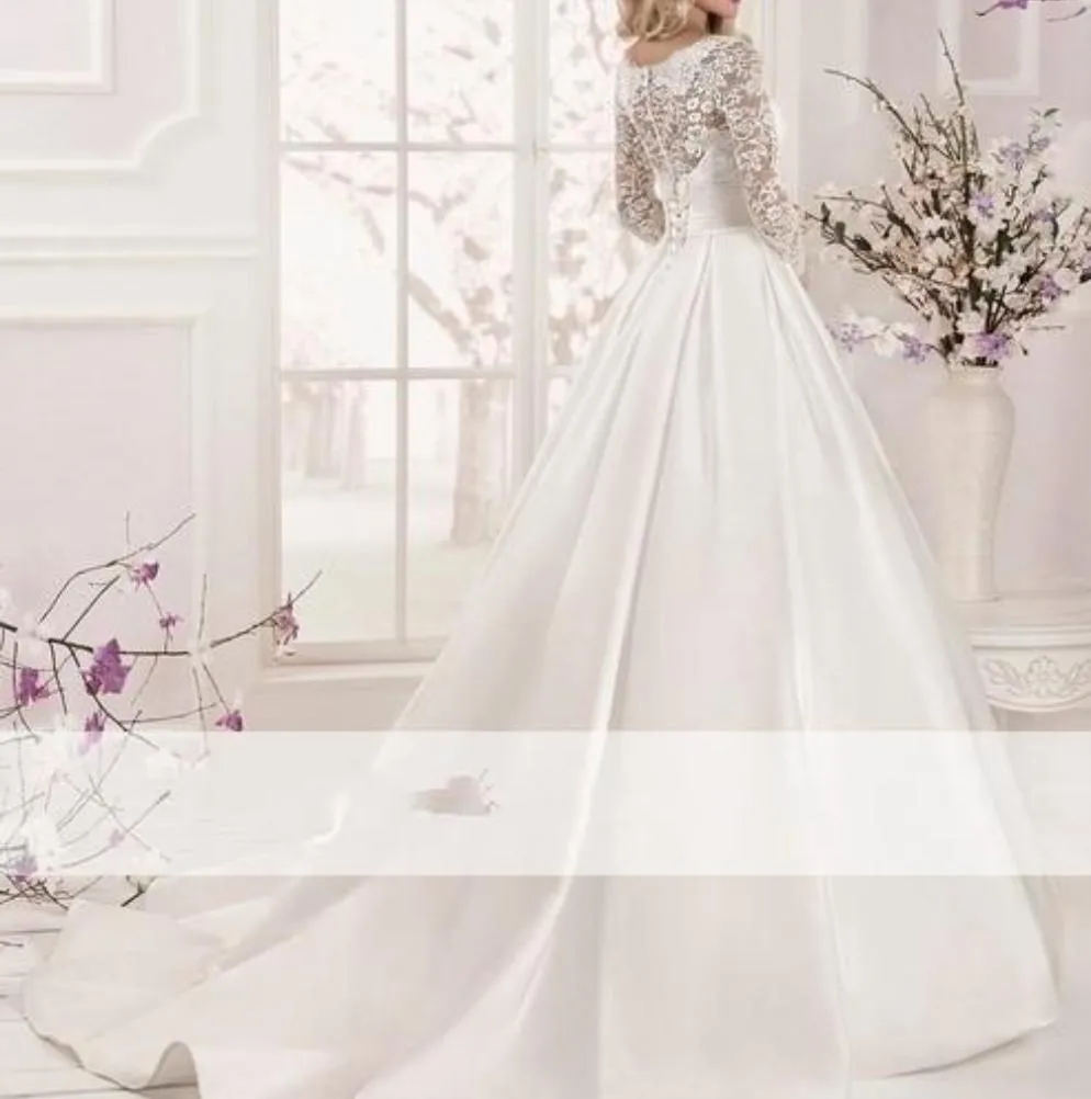 Satin and Lace Wedding Dresses Long Sleeves Floor Length Bridal Gowns
