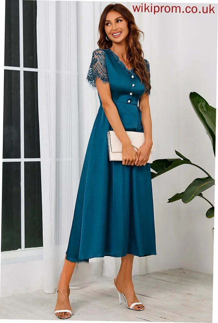 Satin Jaqueline Short Elegant Midi V-Neck Sleeves A-line Dresses Club Dresses