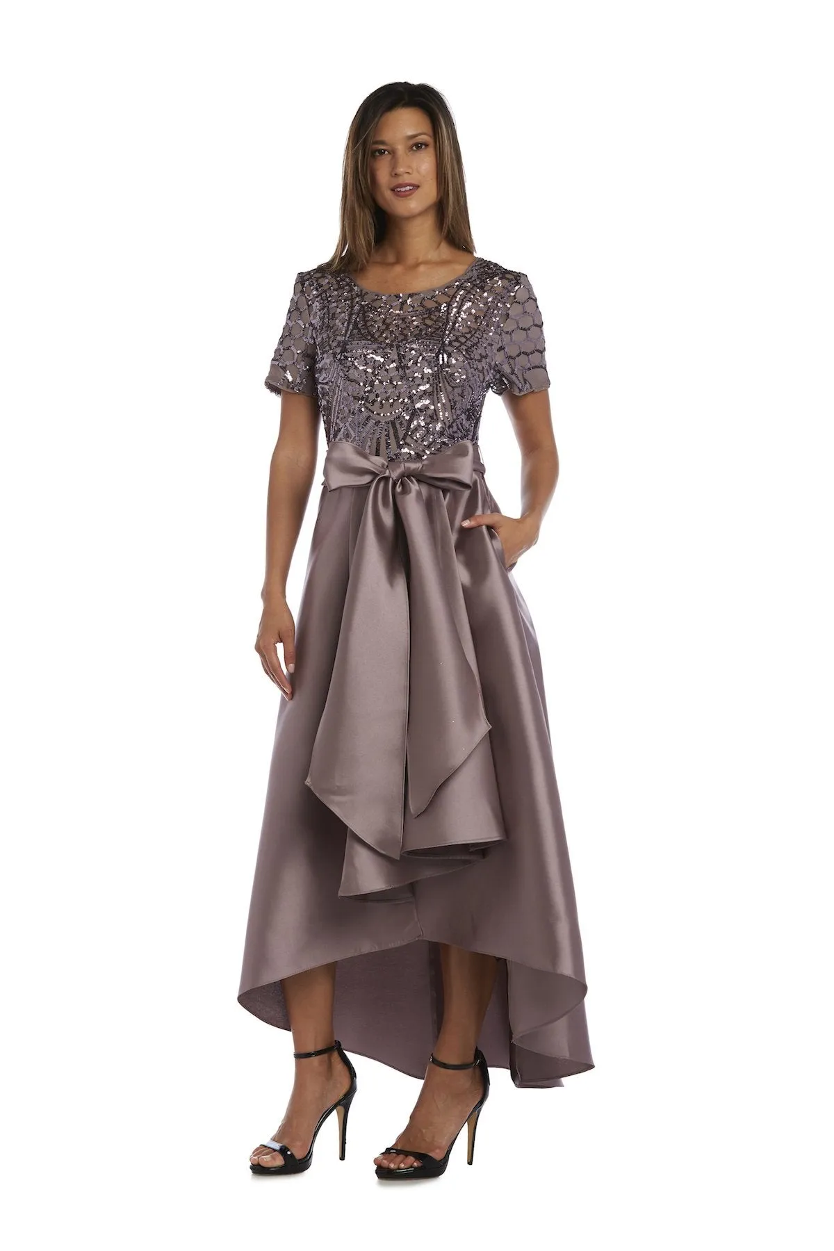 Sequin Lace Bow Waist Hi Low Satin Ballgown