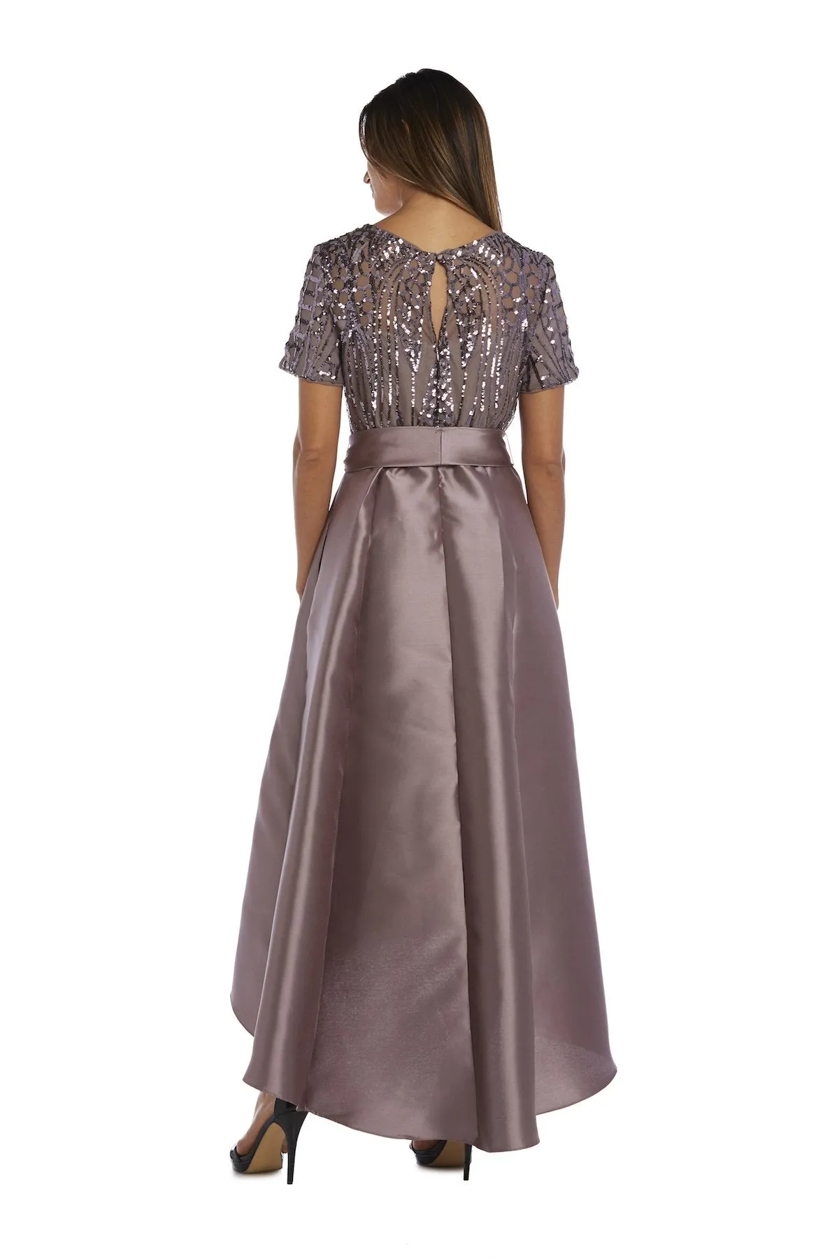Sequin Lace Bow Waist Hi Low Satin Ballgown