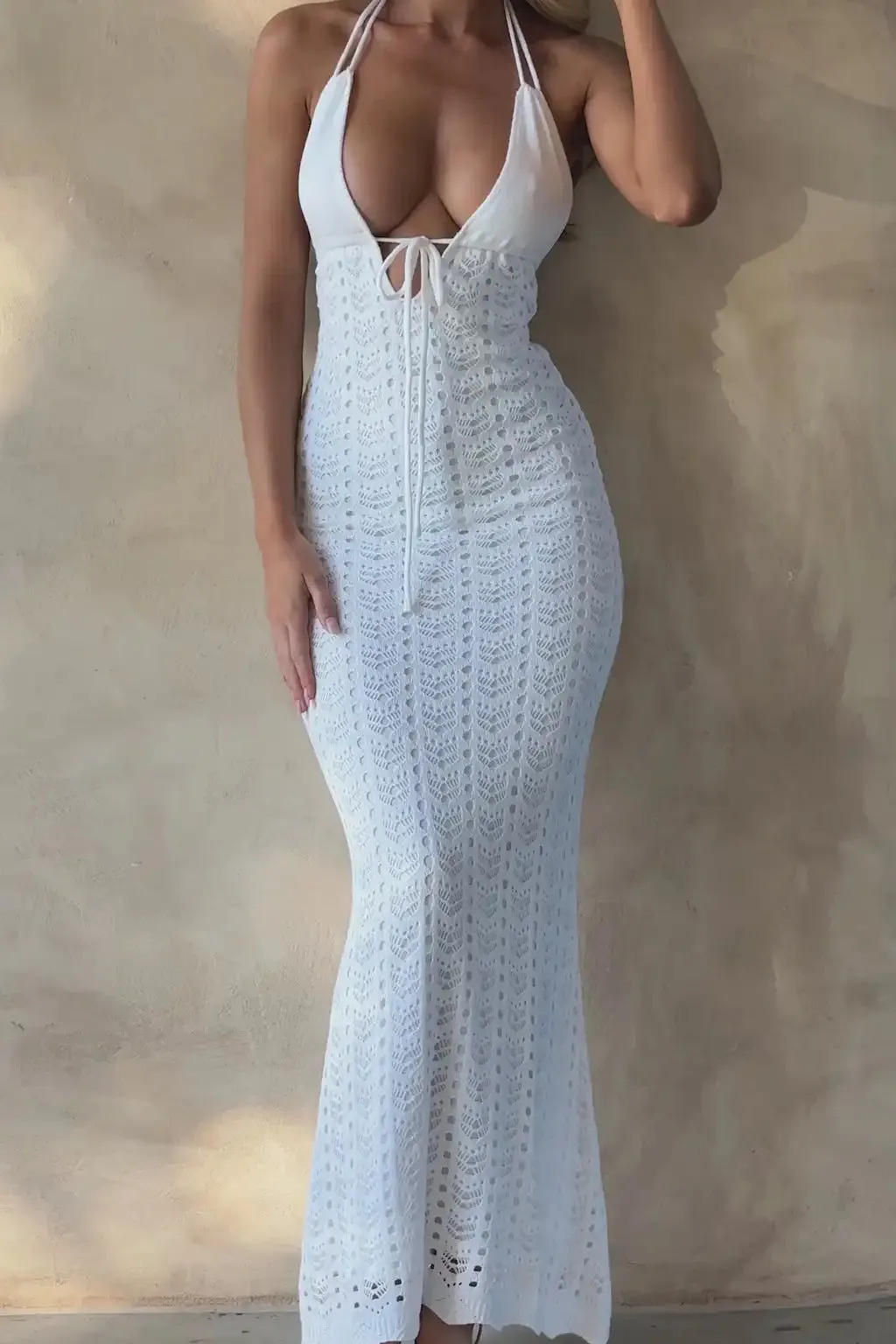 Sexy Women Summer Knitted Sleeveless Halter Neck Crochet Hollow Tie Up Party Maxi Bodycon Beach Holiday Lace Dress