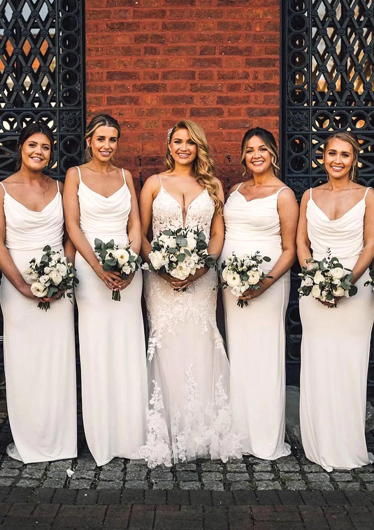 Sheath/Column Cowl Neck Spaghetti Straps Long/Floor-Length Jersey Bridesmaid Dresses With Pleated Gabrielle SWKP0025380