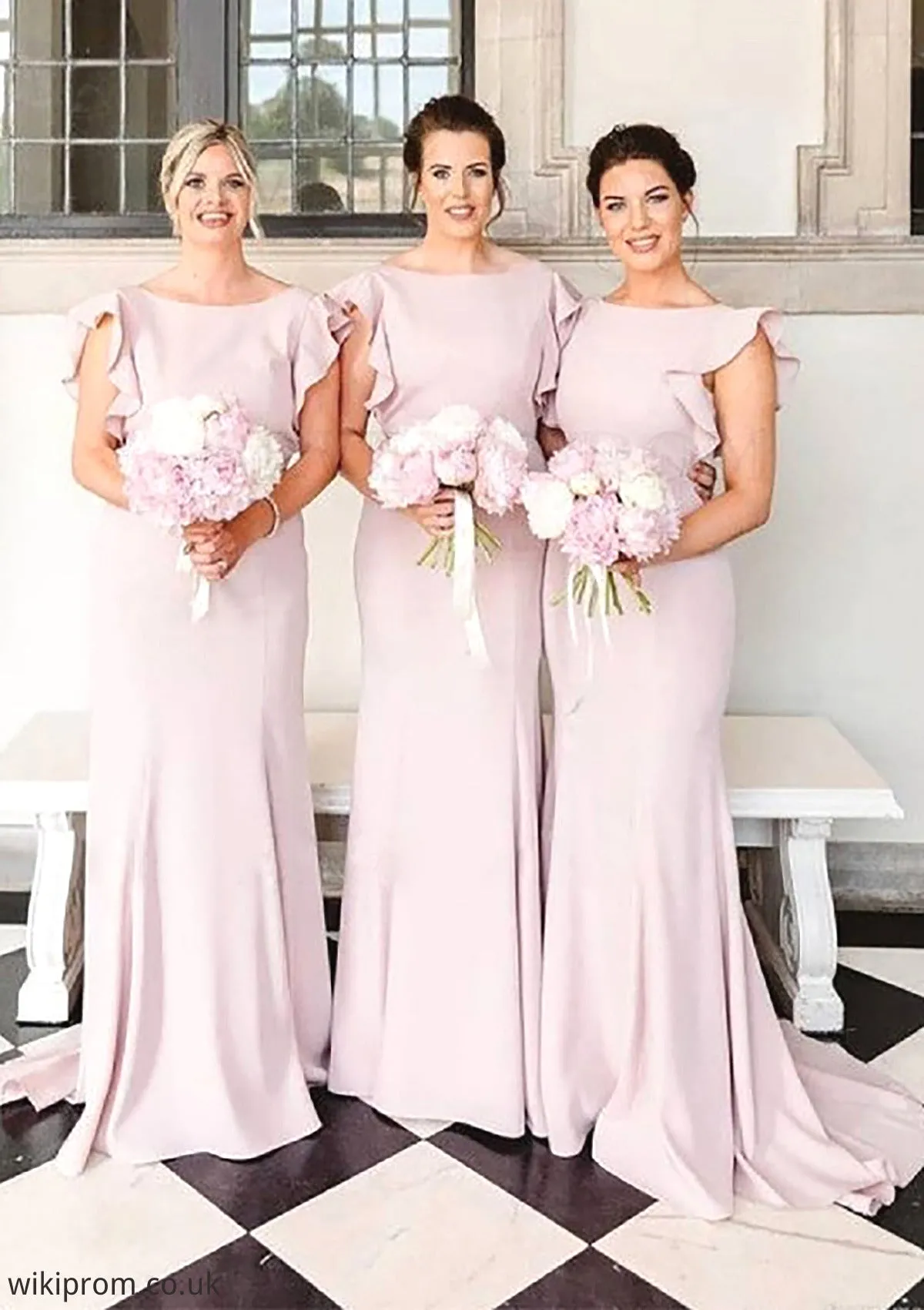 Sheath/Column Scoop Neck Sleeveless Sweep Train Elastic Satin Bridesmaid Dresses With Ruffles Amiah SWKP0025415