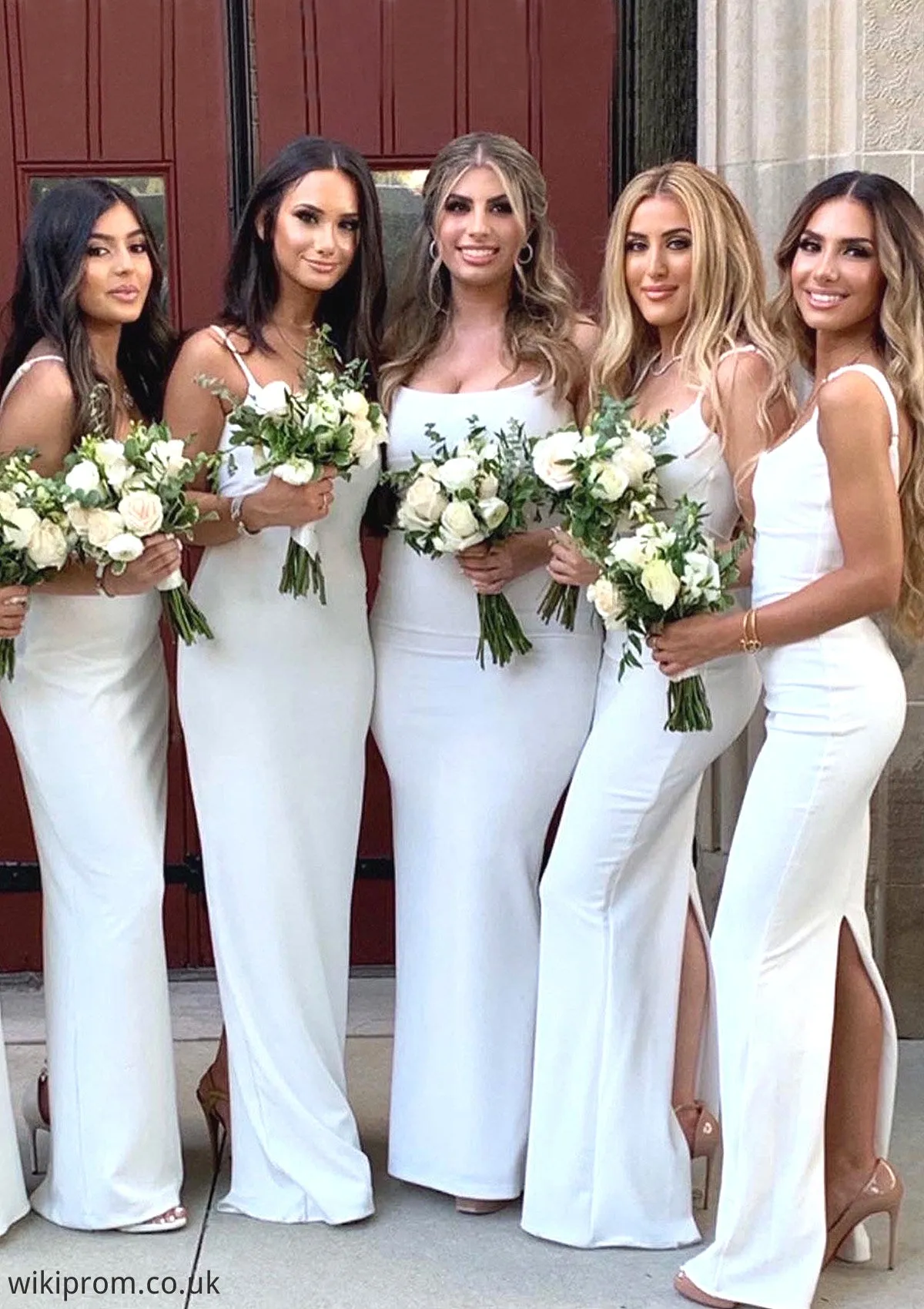 Sheath/Column Square Neckline Spaghetti Straps Long/Floor-Length Satin Bridesmaid Dresses With Split Shyla SWKP0025361