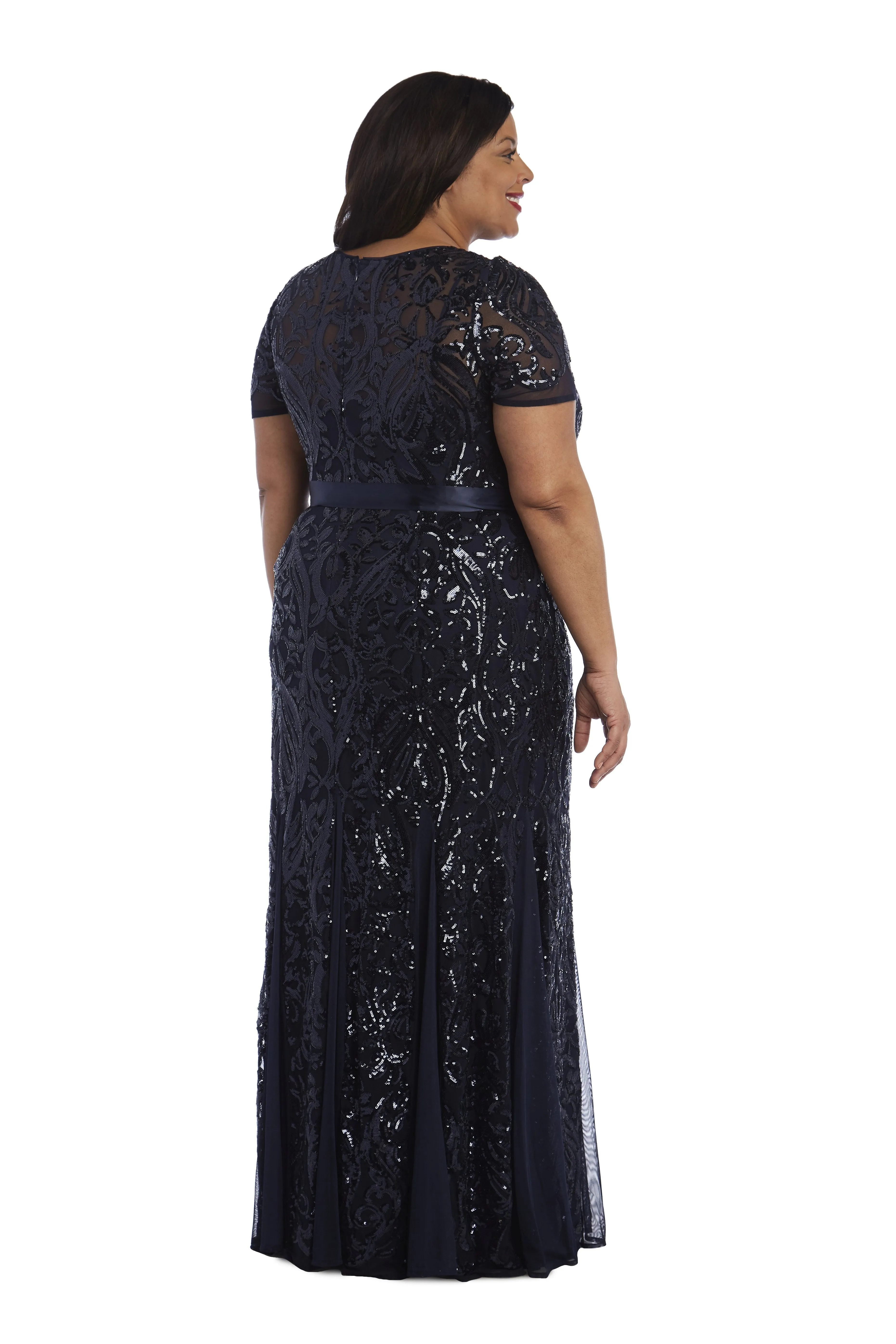 Short Sleeve Embroidered Sequin Panel Belted Gown