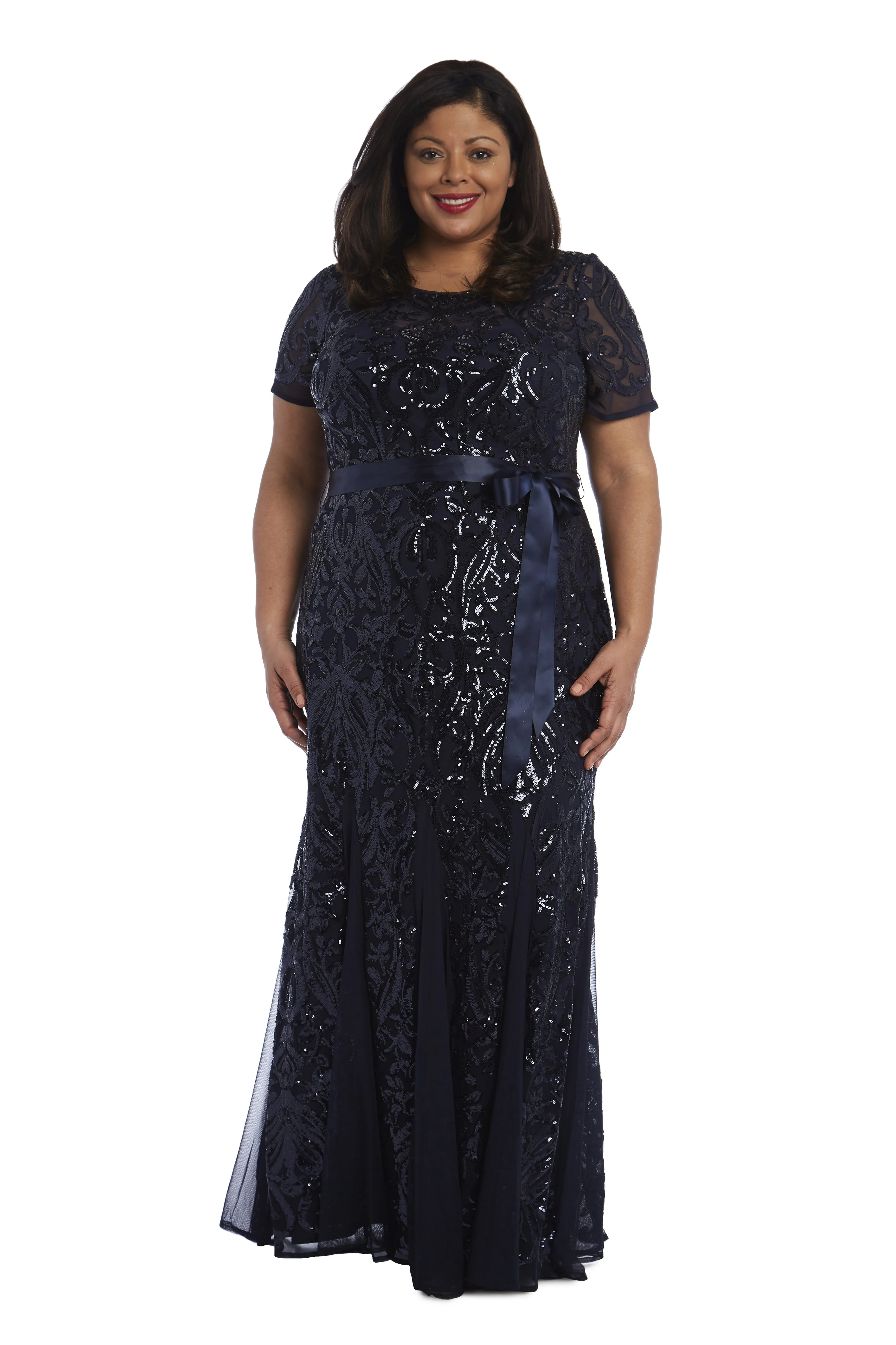 Short Sleeve Embroidered Sequin Panel Belted Gown