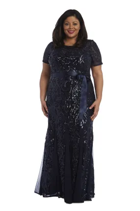 Short Sleeve Embroidered Sequin Panel Belted Gown