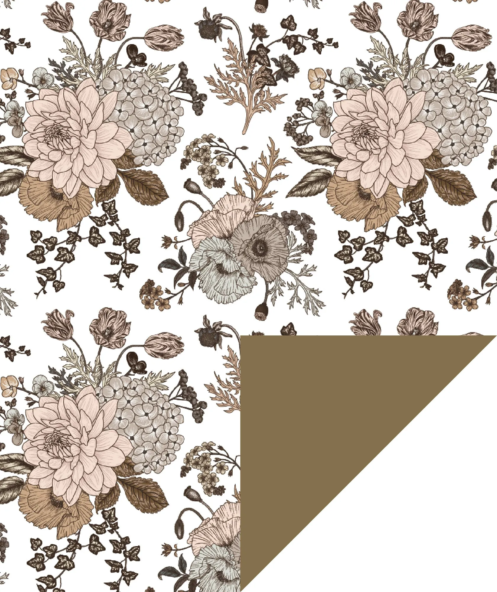 Sketch Floral Wrapping Paper Glossy White with Gold Color on Reverse