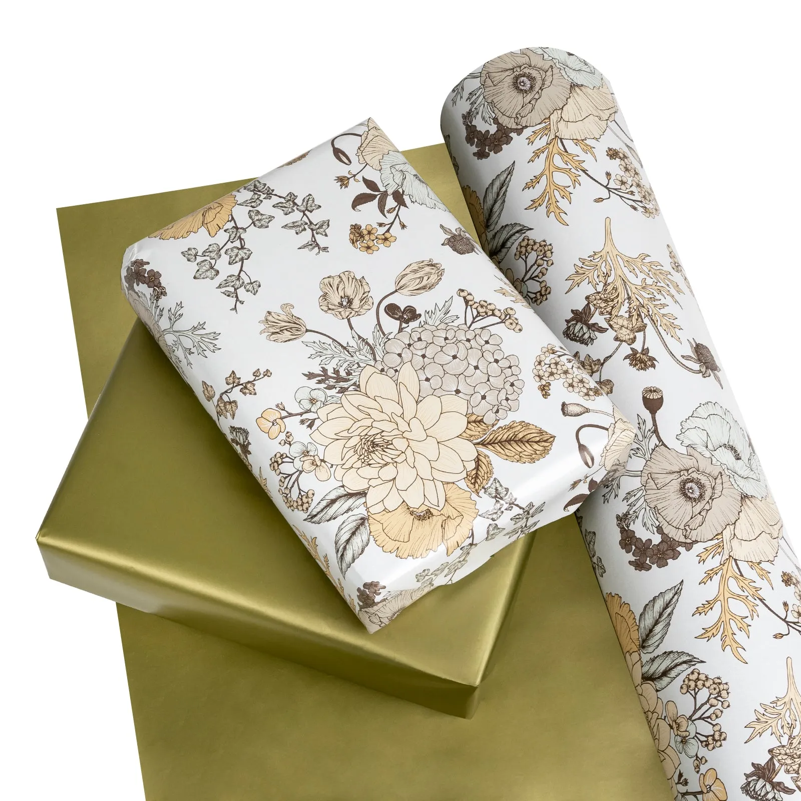 Sketch Floral Wrapping Paper Glossy White with Gold Color on Reverse