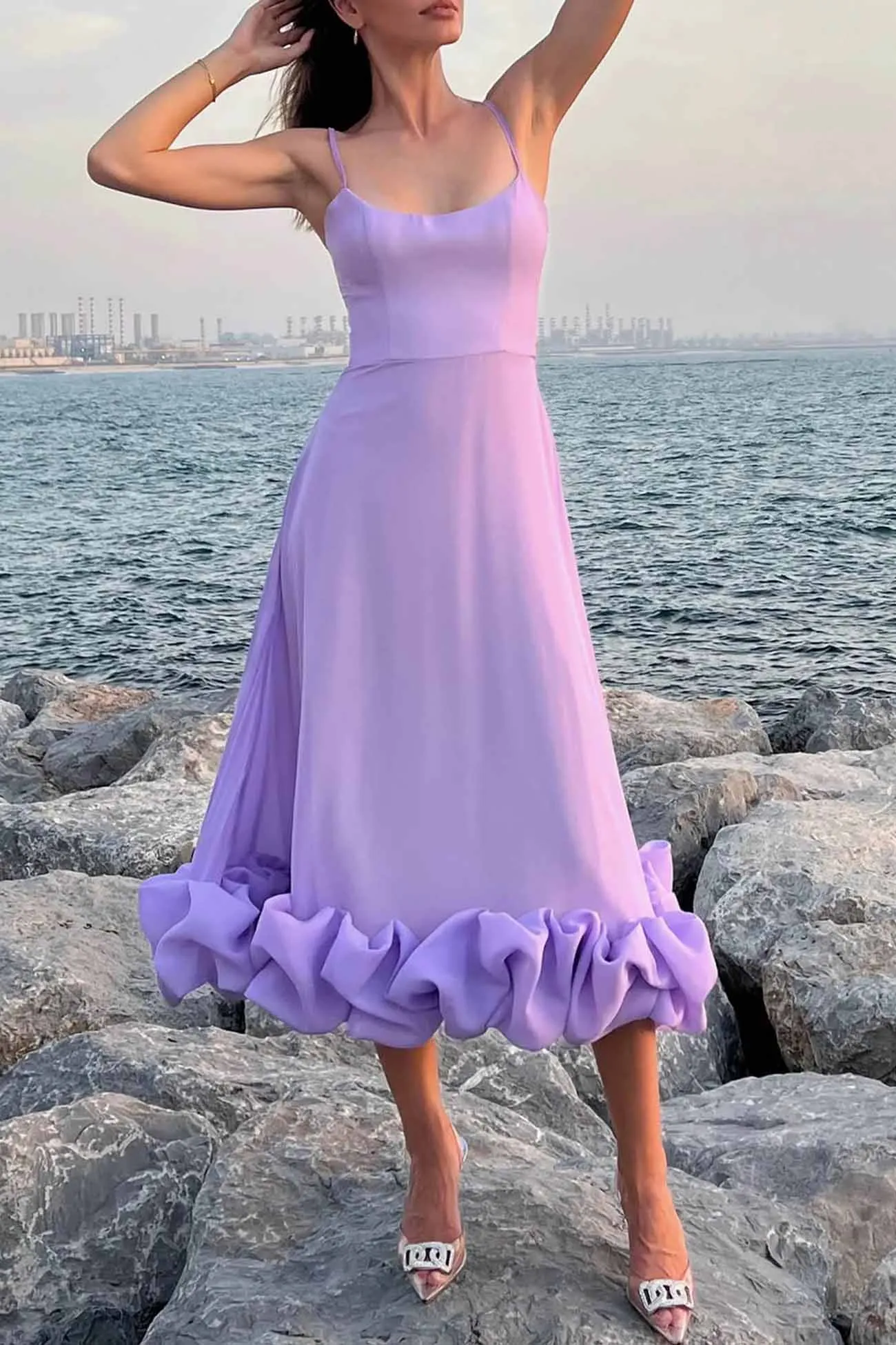 Sleeveless A-line Shirring Hem Midi Dress
