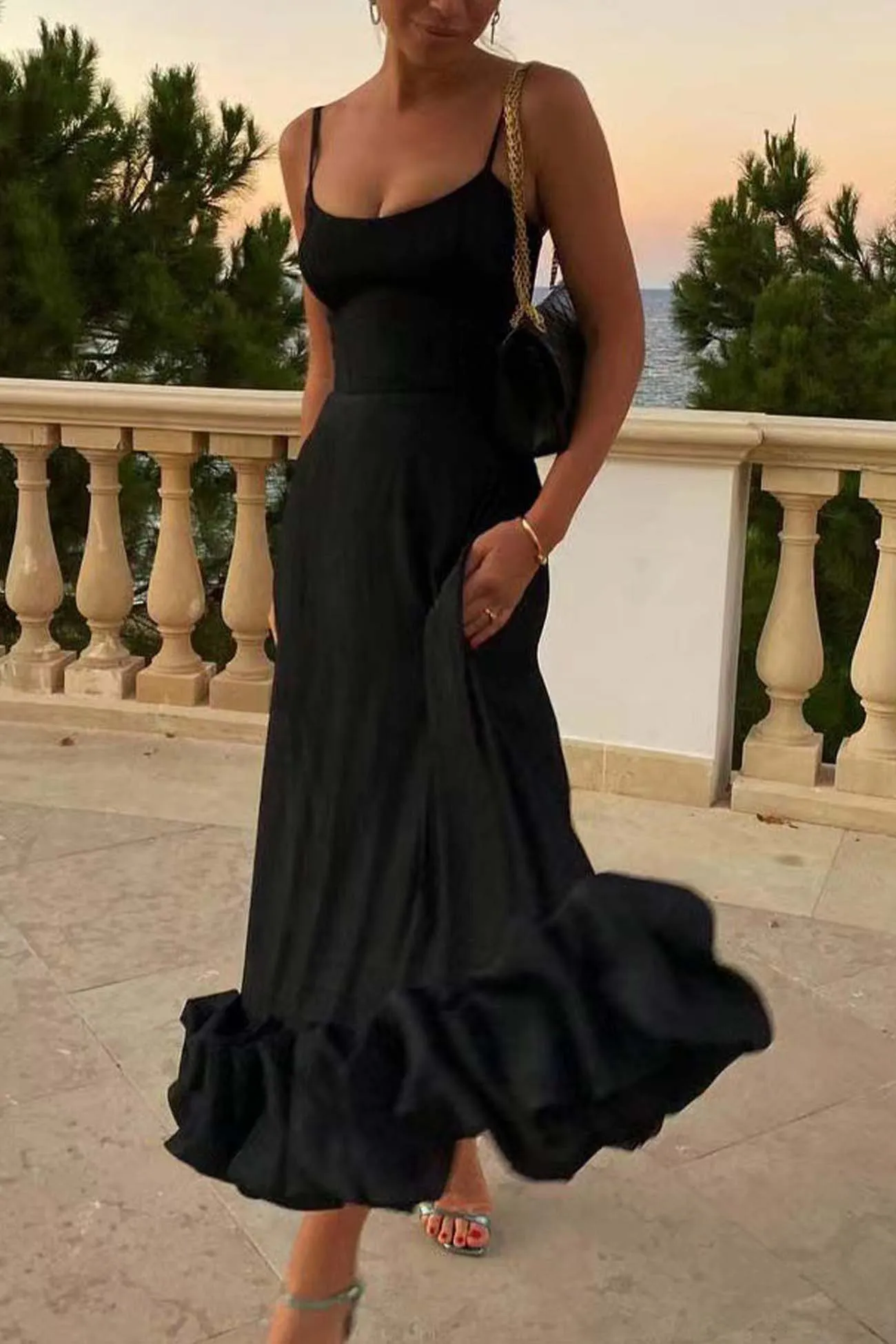 Sleeveless A-line Shirring Hem Midi Dress