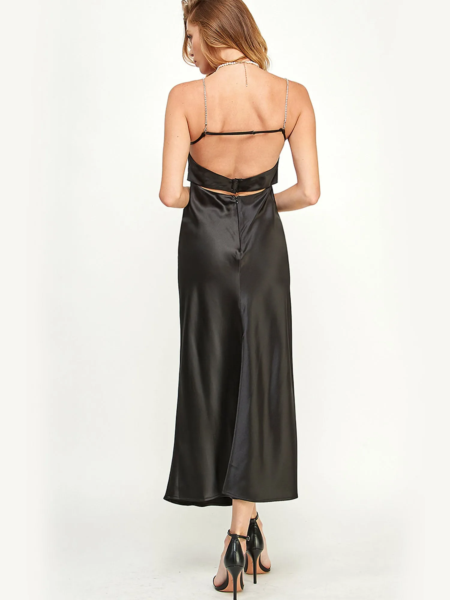 Sleeveless Rhinestone Strap Satin Midi Dress