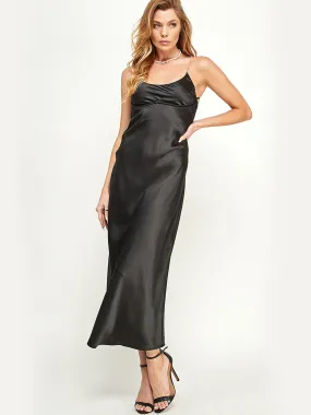 Sleeveless Rhinestone Strap Satin Midi Dress