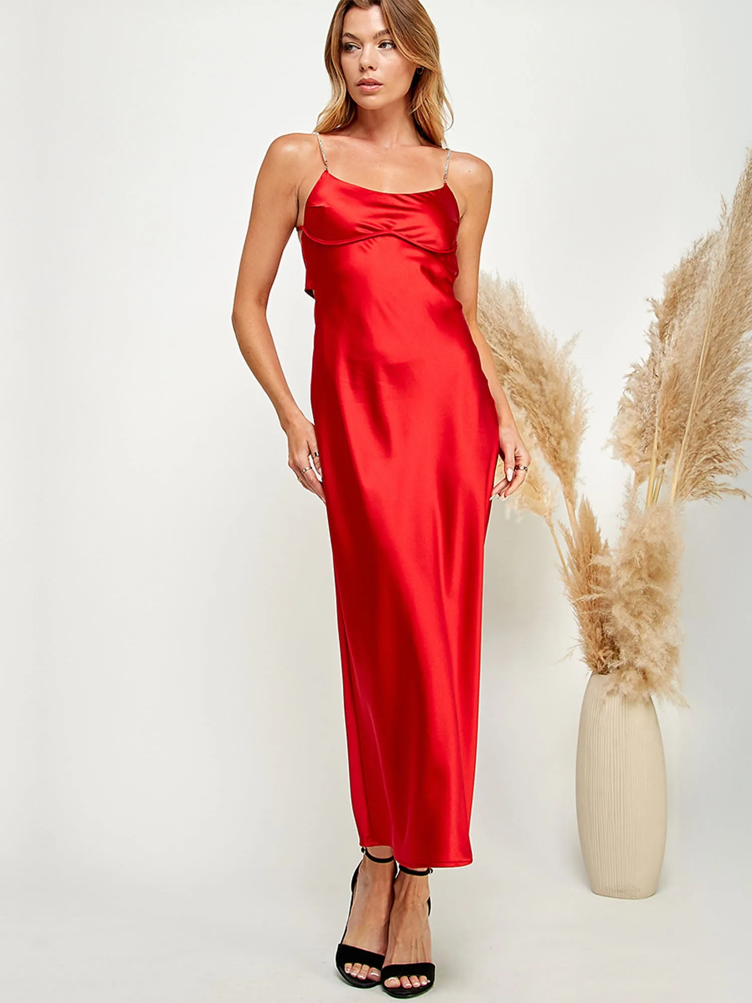 Sleeveless Rhinestone Strap Satin Midi Dress