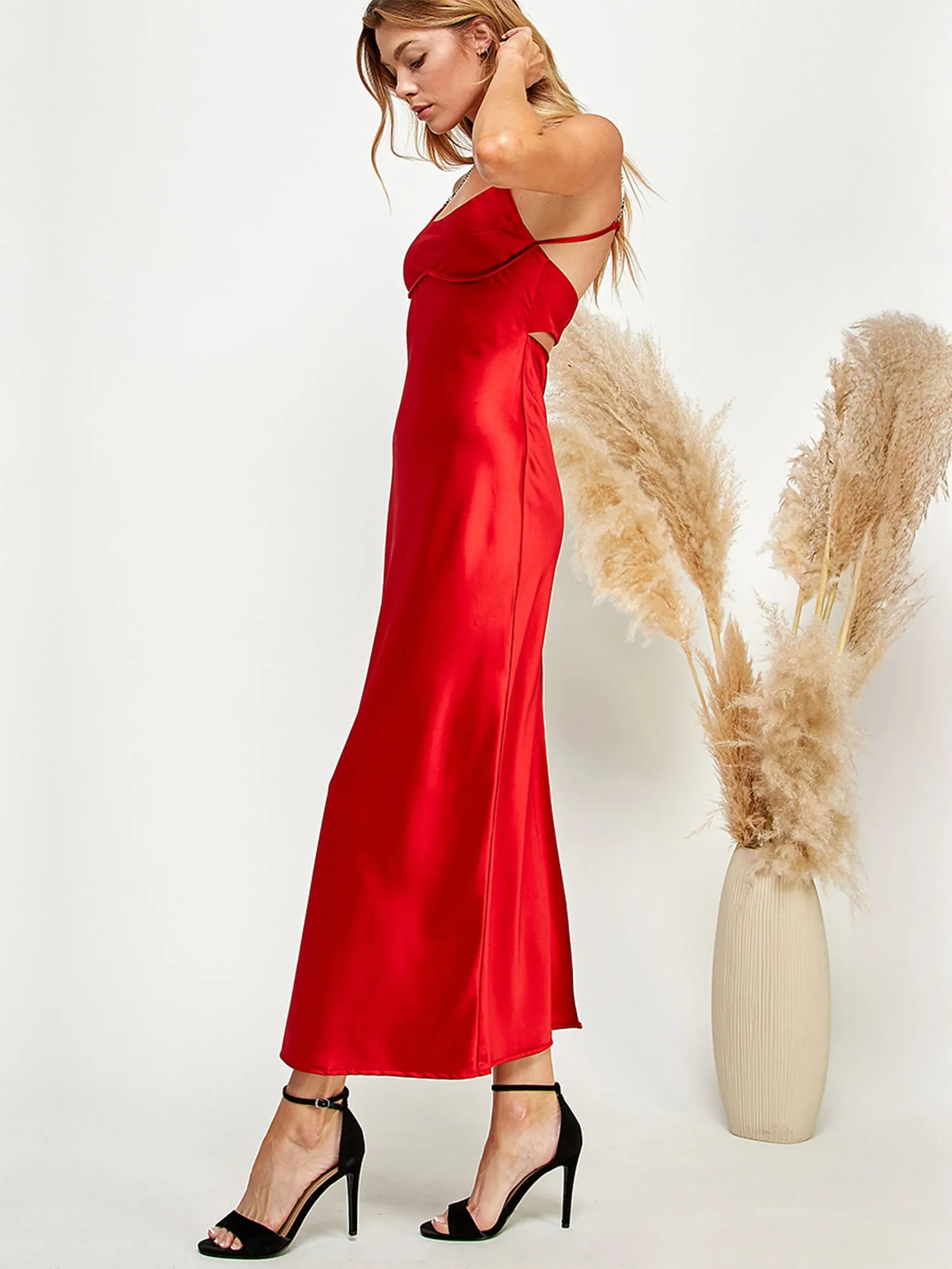 Sleeveless Rhinestone Strap Satin Midi Dress