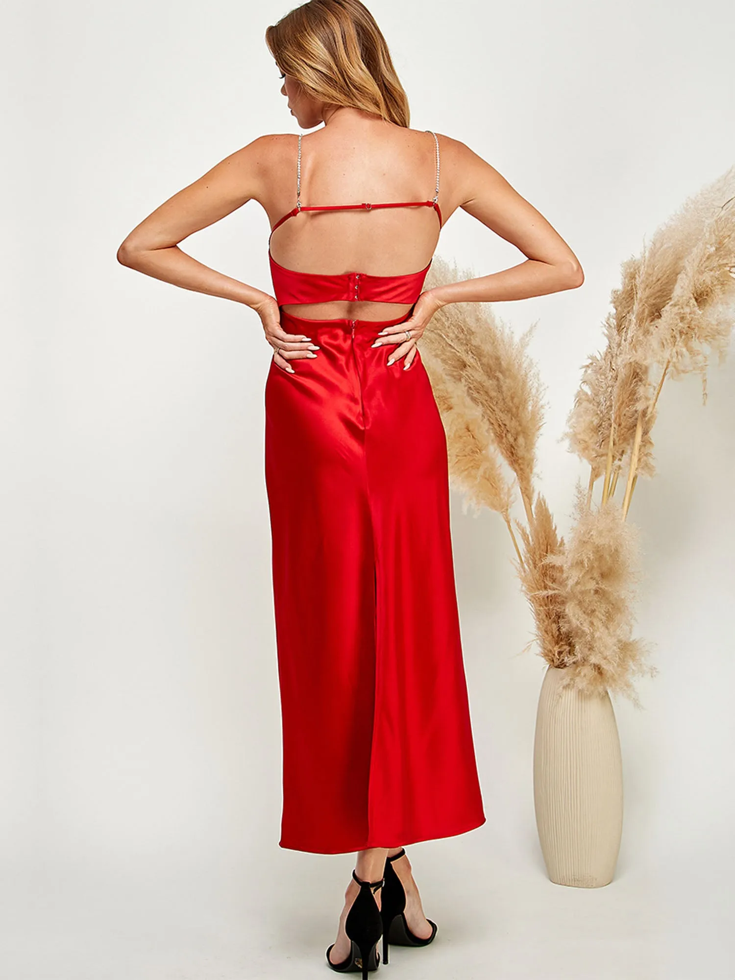 Sleeveless Rhinestone Strap Satin Midi Dress