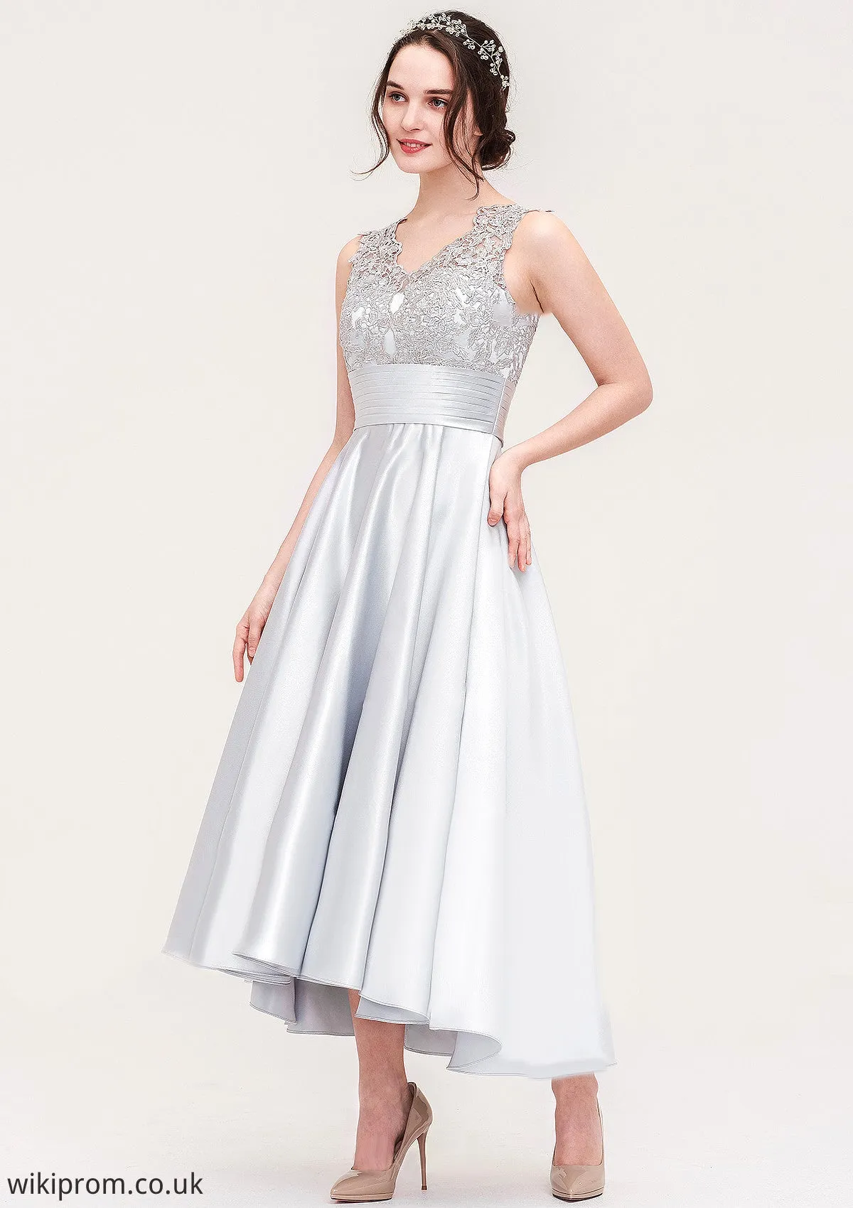 Sleeveless V Neck Asymmetrical Satin A-line/Princess Bridesmaid Dresses With Pleated Lace Larissa SWKP0025468