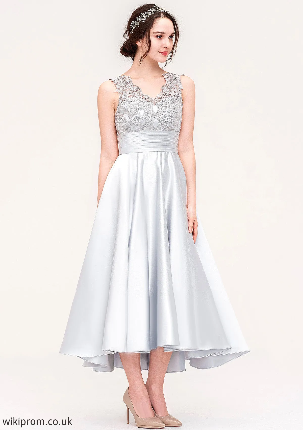 Sleeveless V Neck Asymmetrical Satin A-line/Princess Bridesmaid Dresses With Pleated Lace Larissa SWKP0025468