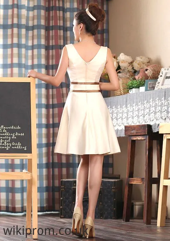 Sleeveless V Neck Knee-Length A-line/Princess Satin Bridesmaid Dresses With Bowknot Pleated Hallie SWKP0025559