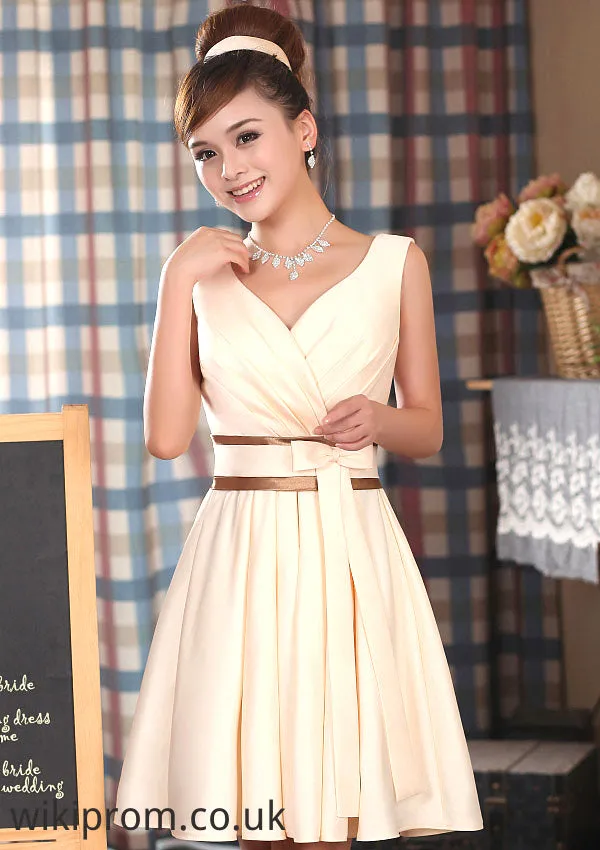 Sleeveless V Neck Knee-Length A-line/Princess Satin Bridesmaid Dresses With Bowknot Pleated Hallie SWKP0025559