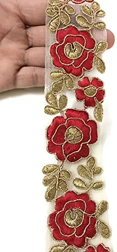 SYNC Red Lace Border materials zari embroidered embroidery golden Sari saree blouse Dress gown Decoration 9 metre