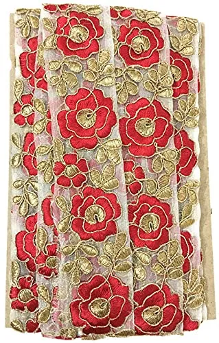 SYNC Red Lace Border materials zari embroidered embroidery golden Sari saree blouse Dress gown Decoration 9 metre