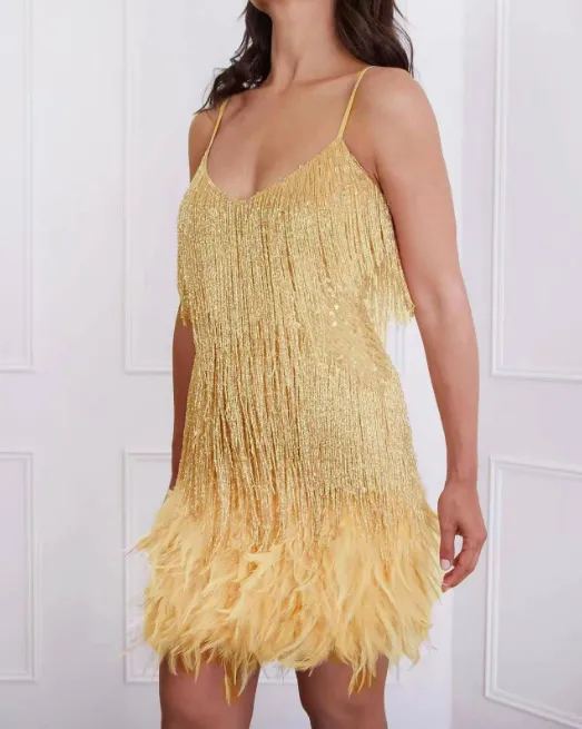 Tassel Sequin Feather Splicing Dress