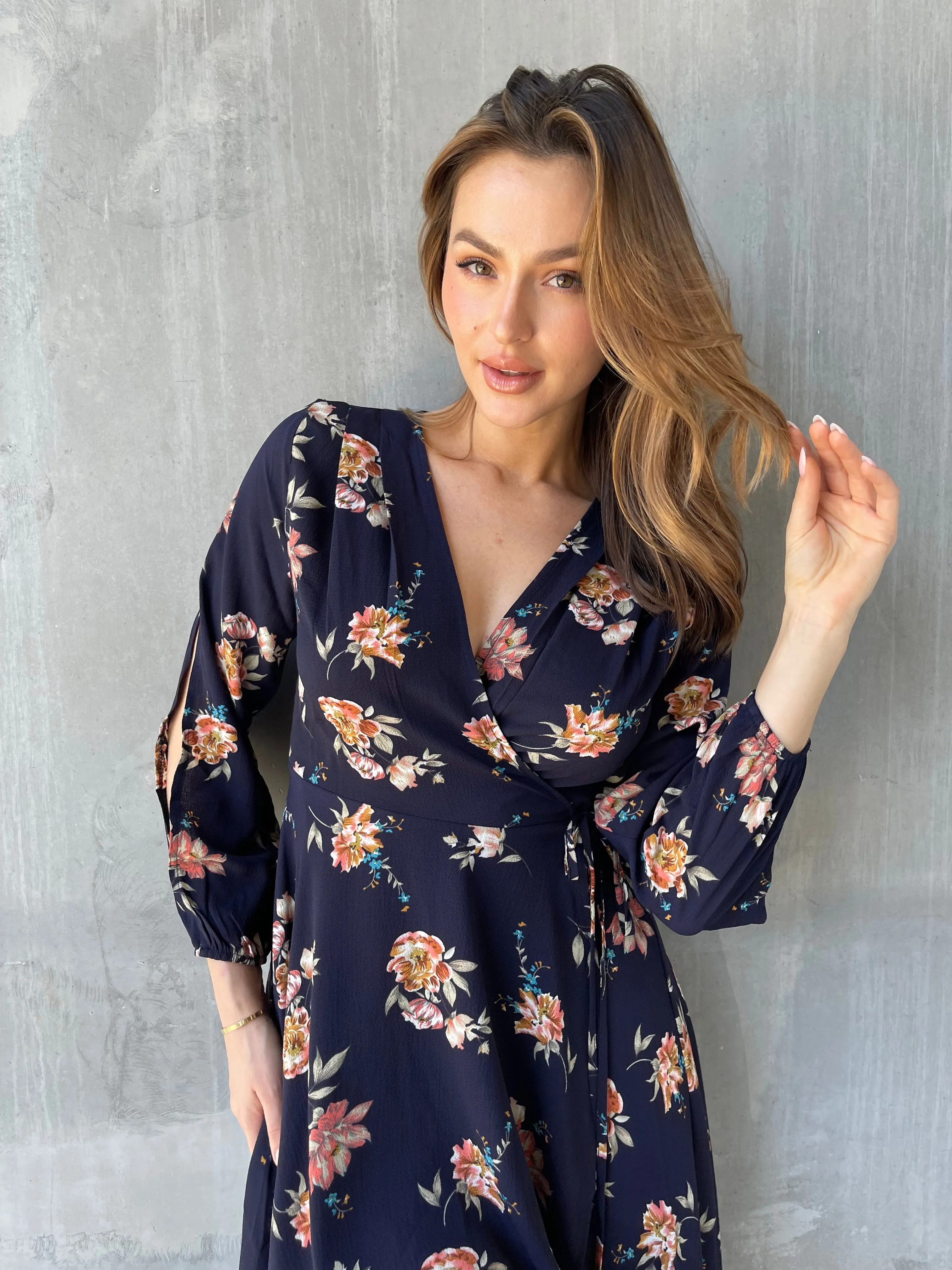 Tink Cross Over Long Sleeve Navy Print Dress