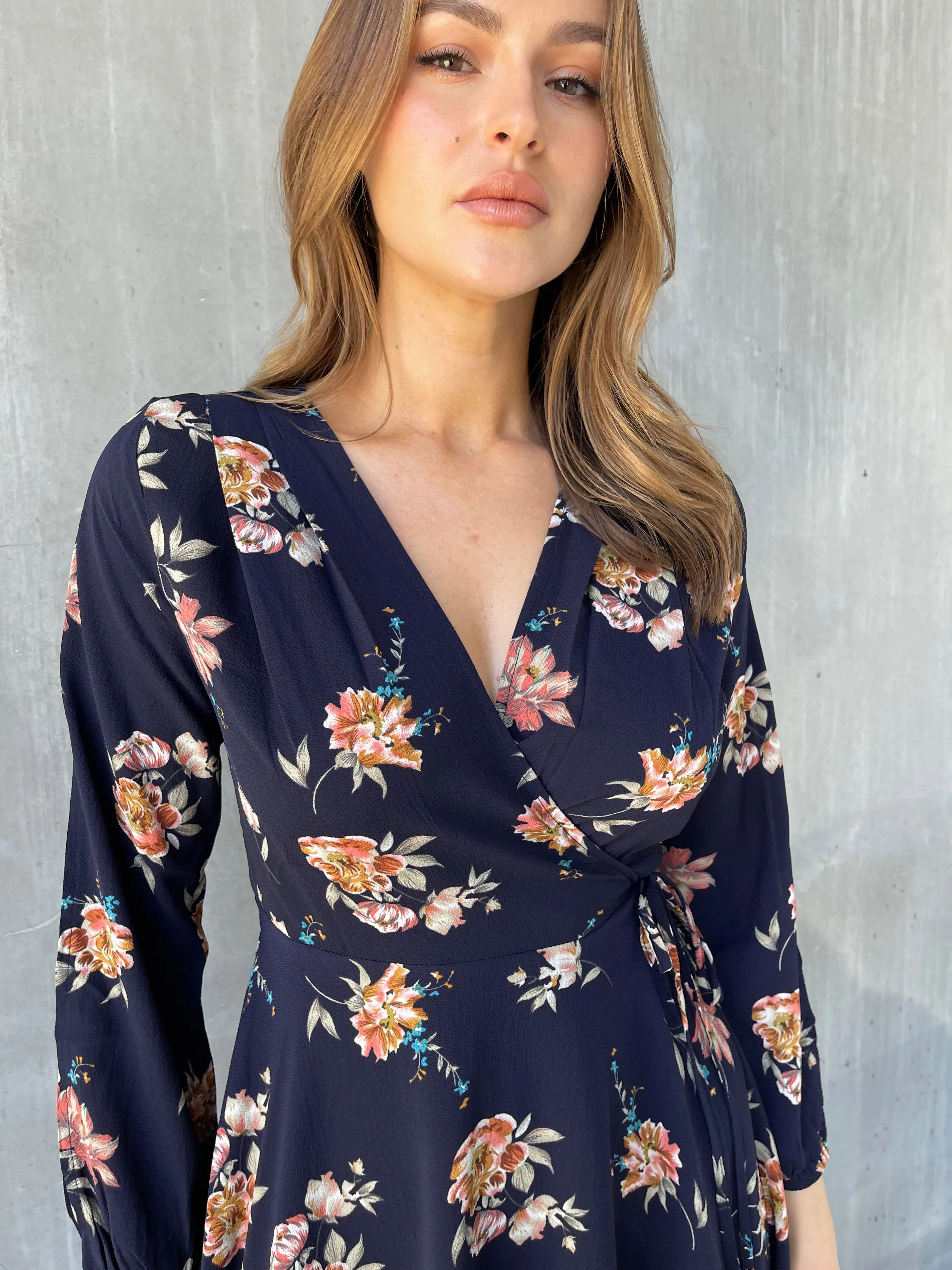 Tink Cross Over Long Sleeve Navy Print Dress