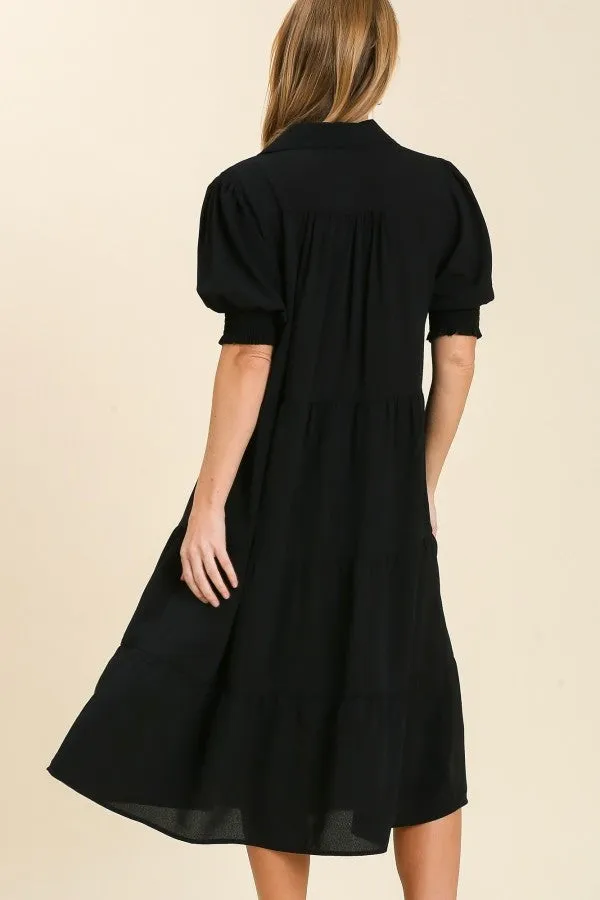 Umgee Collared Tiered Midi Dress in Black