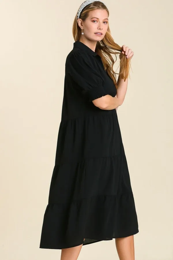 Umgee Collared Tiered Midi Dress in Black