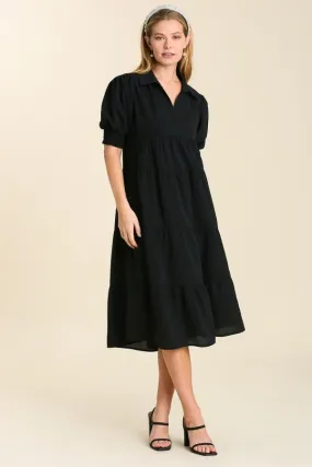 Umgee Collared Tiered Midi Dress in Black