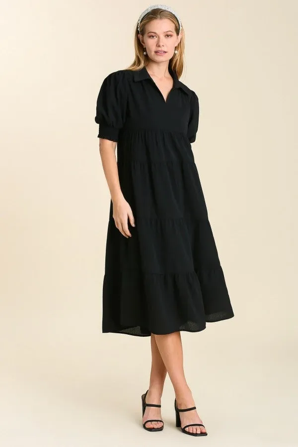 Umgee Collared Tiered Midi Dress in Black