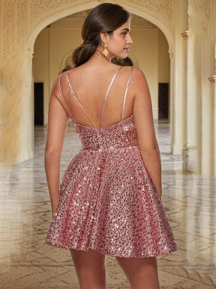 V-neck Sequin Straps A Line Homecoming Dresses