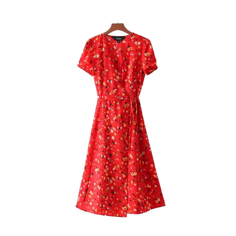 Vintage Casual V-neck A-line Midi Wrap Dress With Floral Pattern