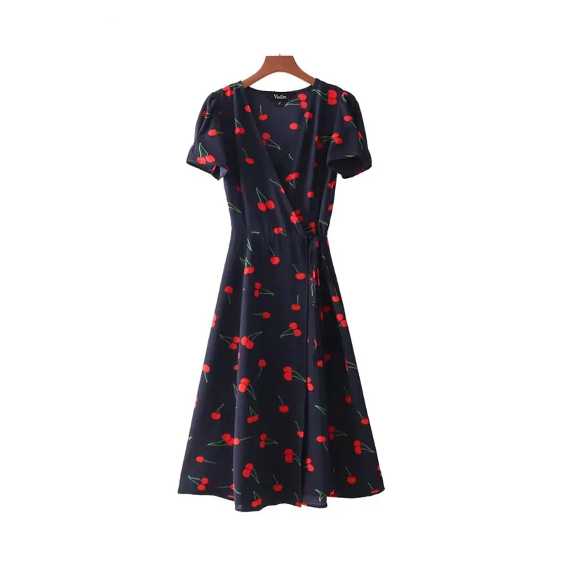 Vintage Casual V-neck A-line Midi Wrap Dress With Floral Pattern