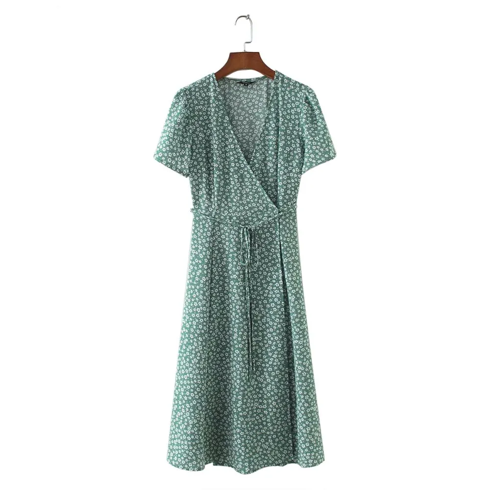 Vintage Casual V-neck A-line Midi Wrap Dress With Floral Pattern