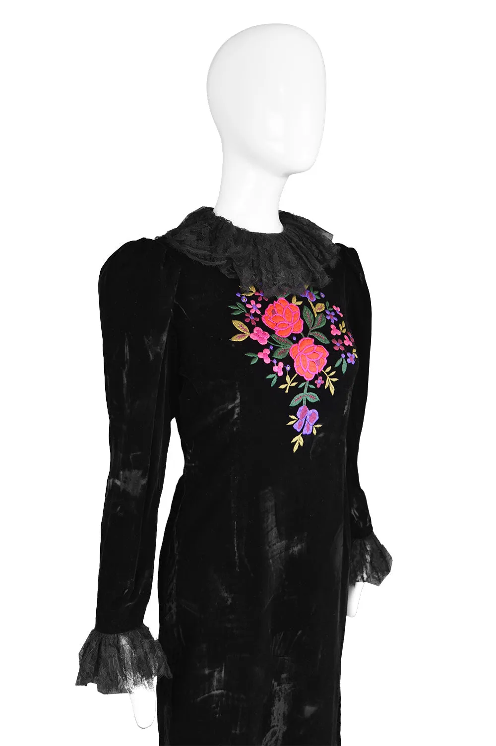 Vintage Embroidered Black Velvet & Lace Dress, 1980s