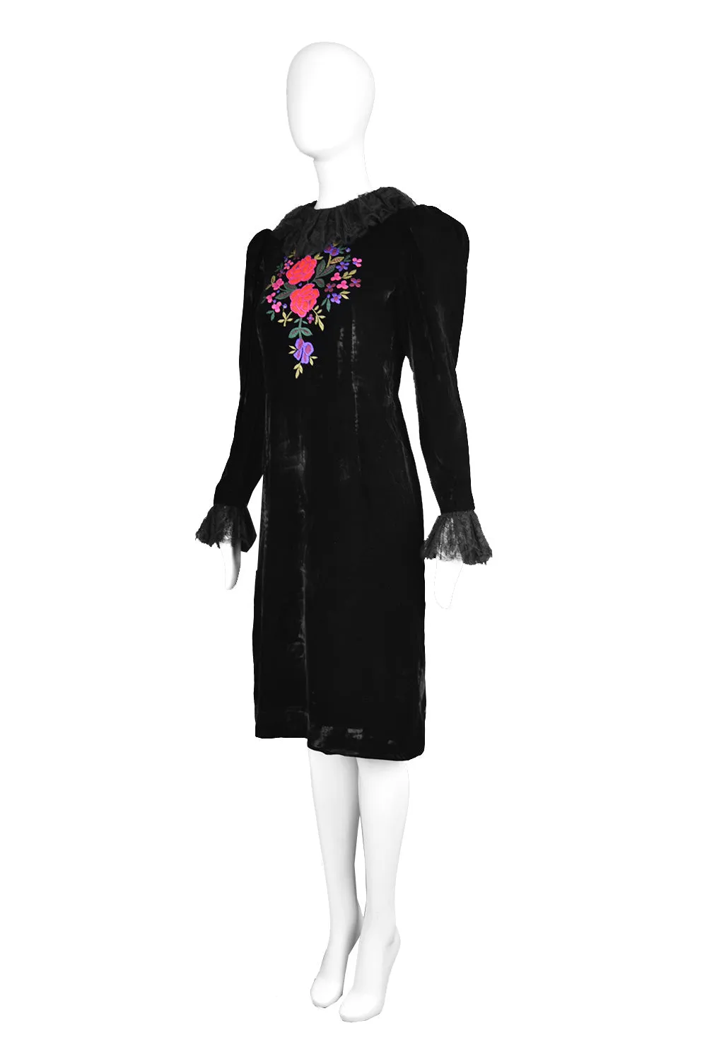 Vintage Embroidered Black Velvet & Lace Dress, 1980s