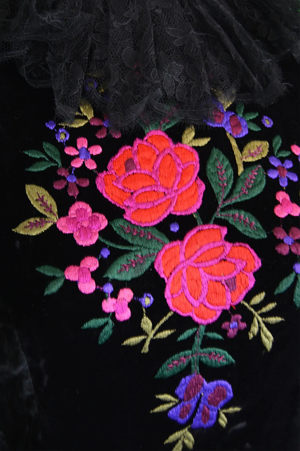 Vintage Embroidered Black Velvet & Lace Dress, 1980s