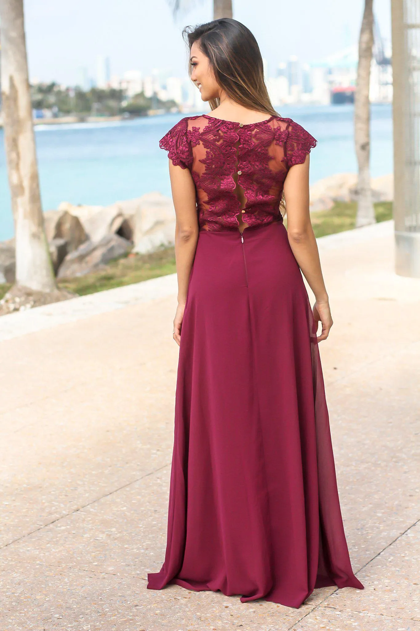 Wine Maxi Dress with Embroidered Top and Slit